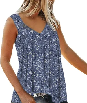 Womens Boho Floral Print Tank Tops V Neck Pleated Sleeveless Shirts Loose Fitted Blouse Tunic Ladies Beach Clothes