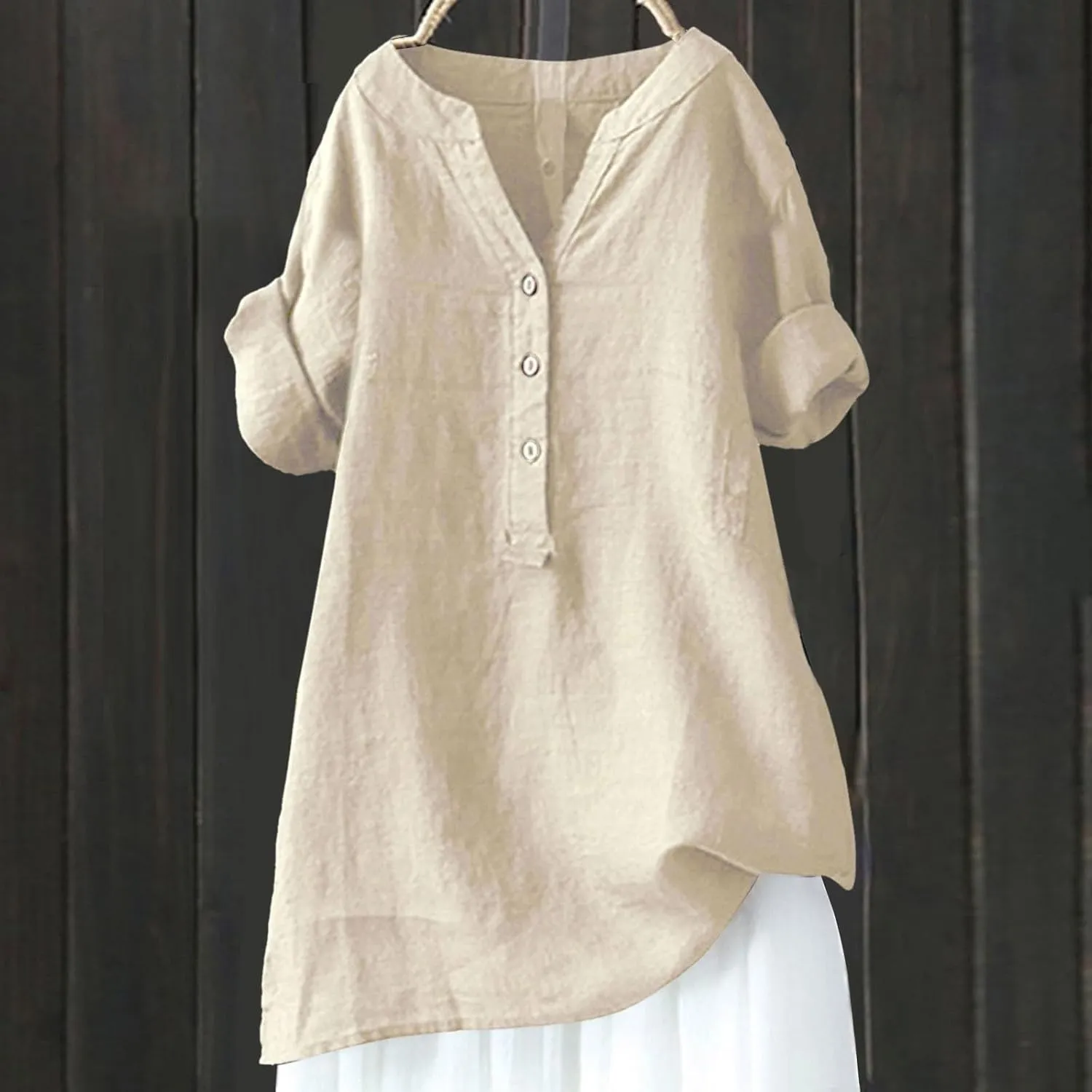 Womens Button Shirt Cotton and Linen 3/4 Sleeve V Neck Basic Shirt Casual Loose Business Blouses Tunics Top