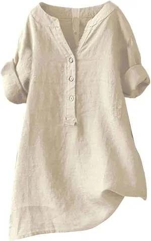 Womens Button Shirt Cotton and Linen 3/4 Sleeve V Neck Basic Shirt Casual Loose Business Blouses Tunics Top
