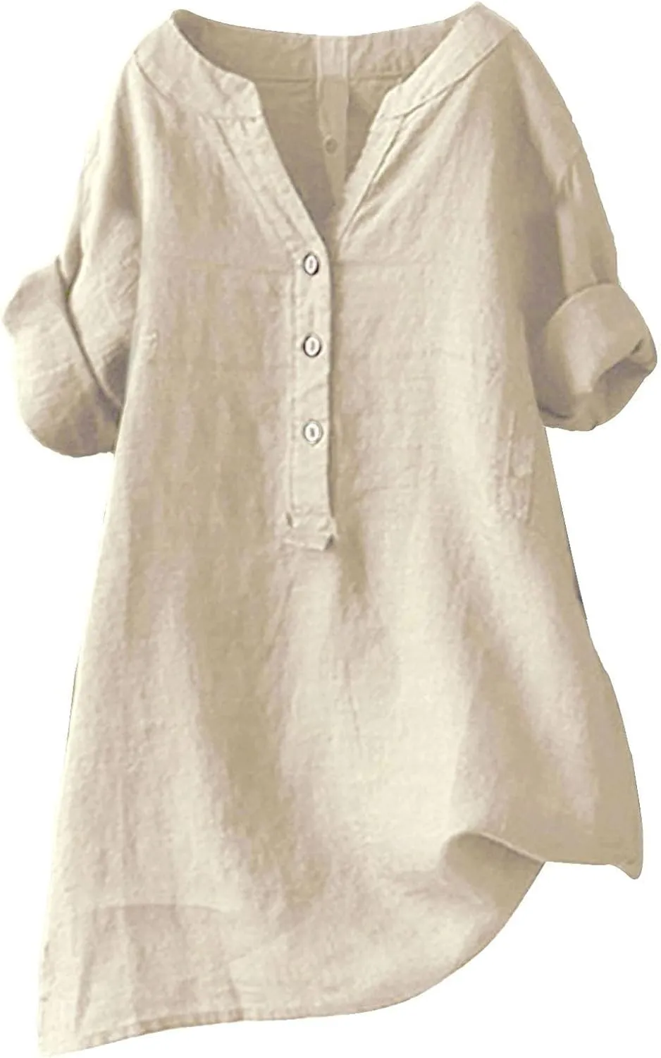 Womens Button Shirt Cotton and Linen 3/4 Sleeve V Neck Basic Shirt Casual Loose Business Blouses Tunics Top