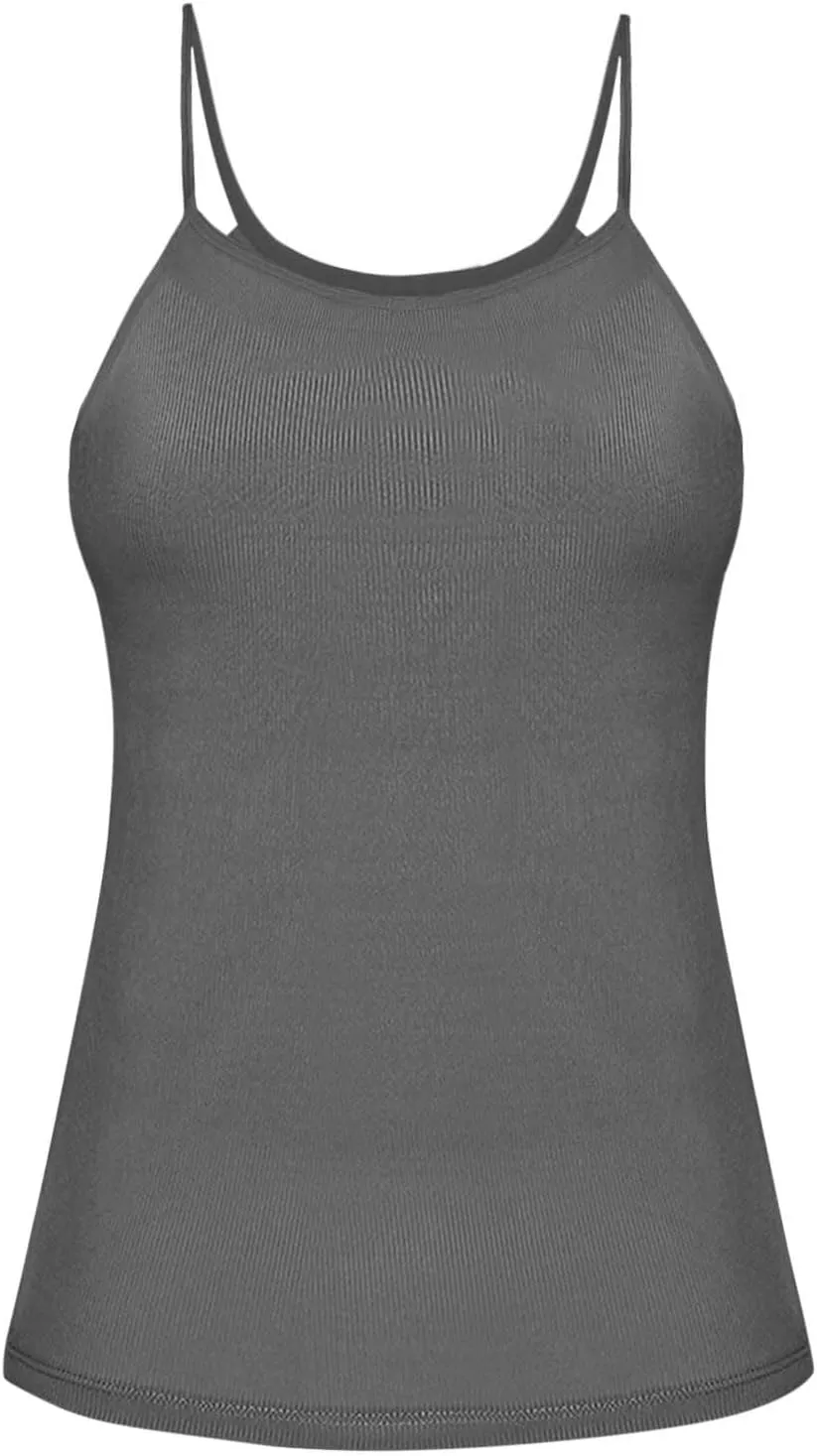 Womens Camisole Tops with Built in Bra Ribbed Knit Tank Top Spaghetti Straps Sleeveless Padded Yoga Basic Tees