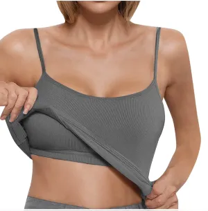 Womens Camisole Tops with Built in Bra Ribbed Knit Tank Top Spaghetti Straps Sleeveless Padded Yoga Basic Tees