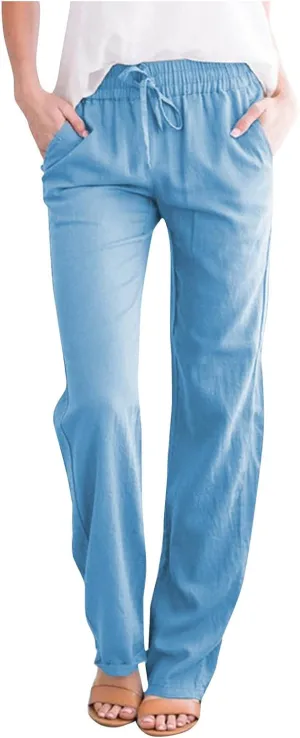 Women's Casual Linen Pants Loose Straight Leg Pants Summer Lightweight Pants Drawstring Waist Pants Lounge Trousers
