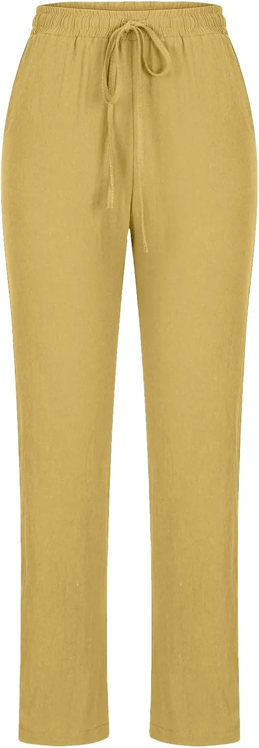 Women's Casual Linen Pants Loose Straight Leg Pants Summer Lightweight Pants Drawstring Waist Pants Lounge Trousers