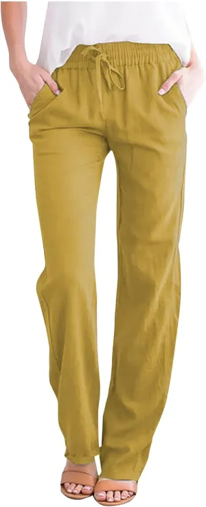 Women's Casual Linen Pants Loose Straight Leg Pants Summer Lightweight Pants Drawstring Waist Pants Lounge Trousers