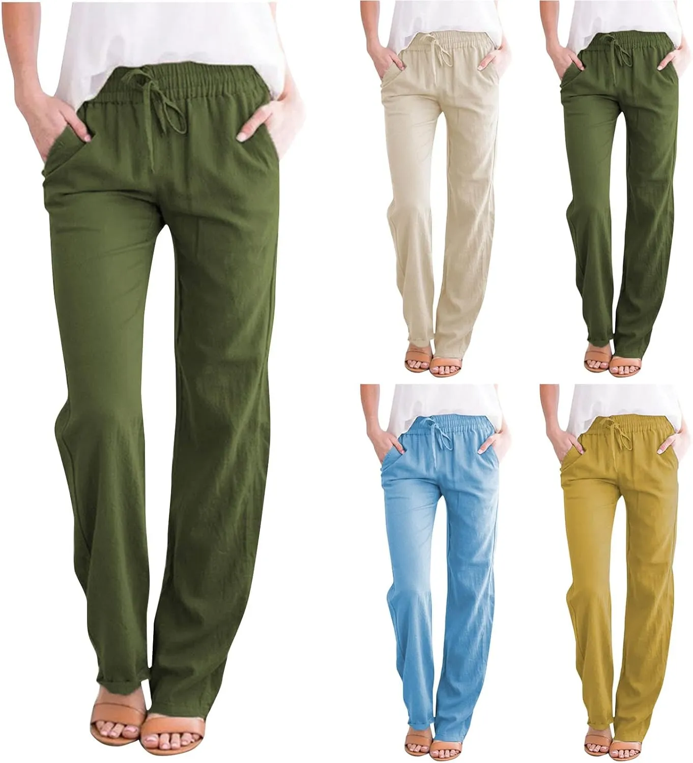 Women's Casual Linen Pants Loose Straight Leg Pants Summer Lightweight Pants Drawstring Waist Pants Lounge Trousers