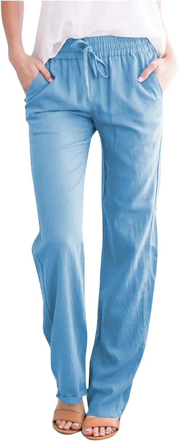 Women's Casual Linen Pants Loose Straight Leg Pants Summer Lightweight Pants Drawstring Waist Pants Lounge Trousers