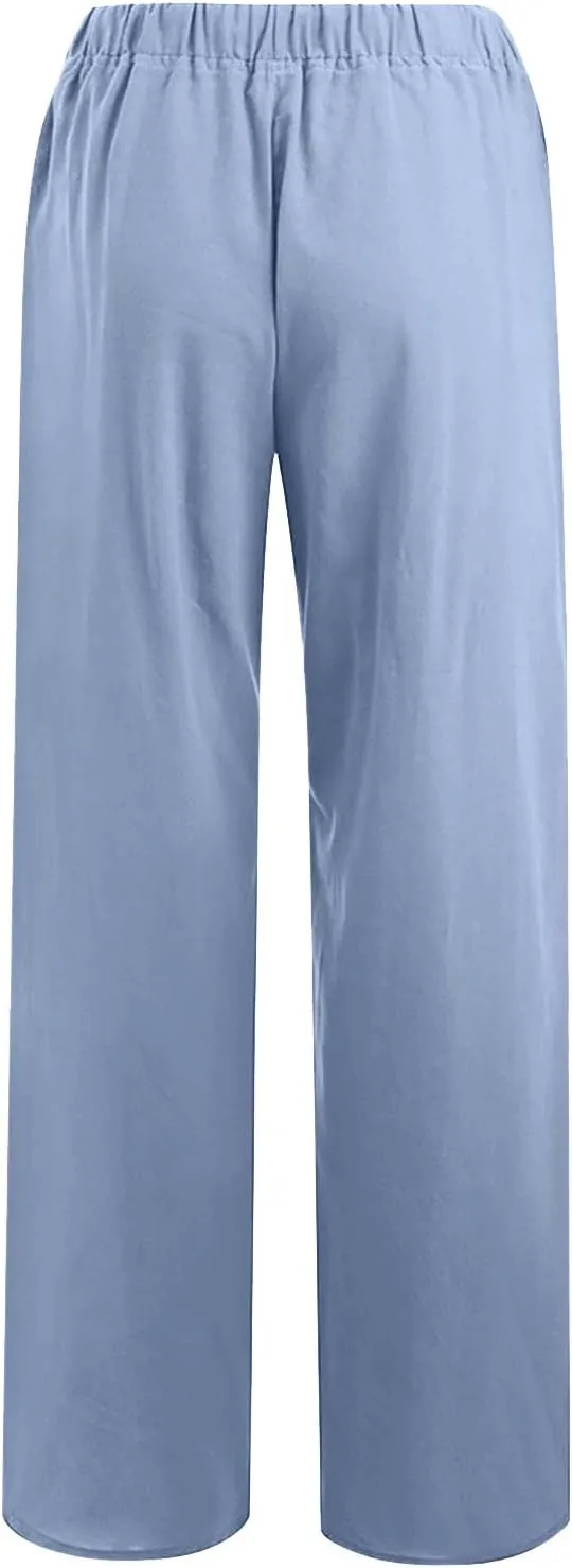 Women's Cotton Linen Palazzo Pants Wide Leg Beach Pants Summer Lightweight Pants Plus Size Lounge Pants with Pockets
