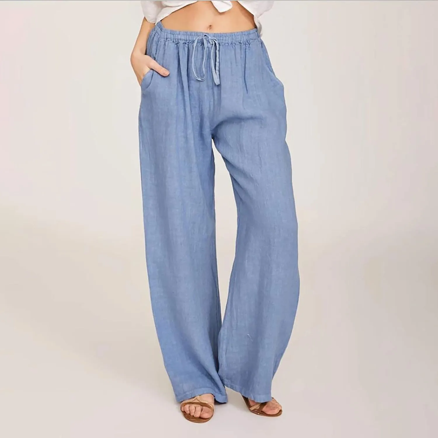 Women's Cotton Linen Palazzo Pants Wide Leg Beach Pants Summer Lightweight Pants Plus Size Lounge Pants with Pockets