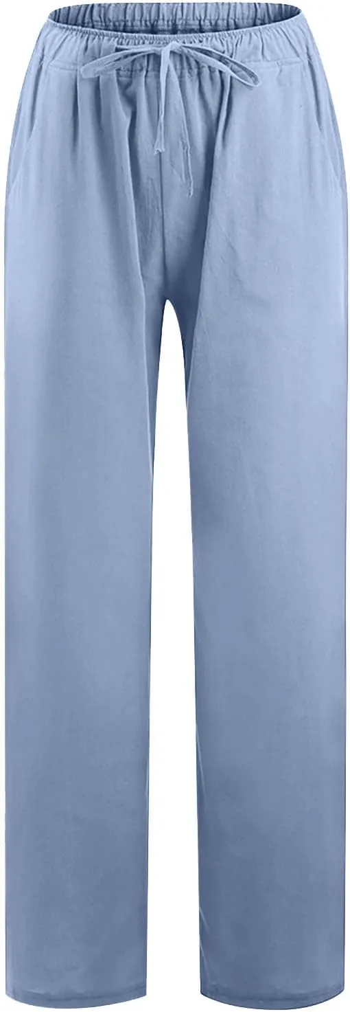Women's Cotton Linen Palazzo Pants Wide Leg Beach Pants Summer Lightweight Pants Plus Size Lounge Pants with Pockets