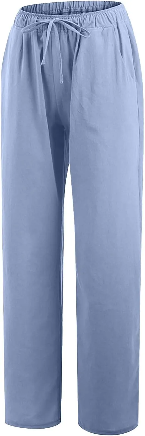 Women's Cotton Linen Palazzo Pants Wide Leg Beach Pants Summer Lightweight Pants Plus Size Lounge Pants with Pockets