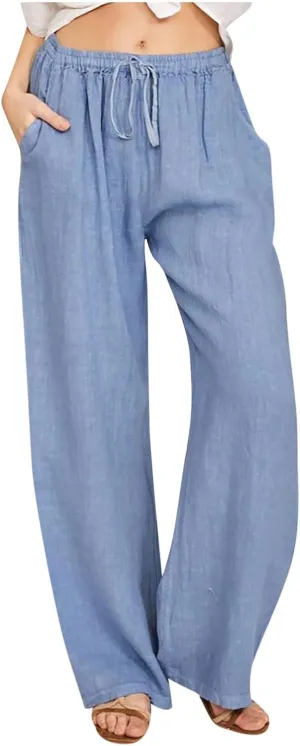 Women's Cotton Linen Palazzo Pants Wide Leg Beach Pants Summer Lightweight Pants Plus Size Lounge Pants with Pockets