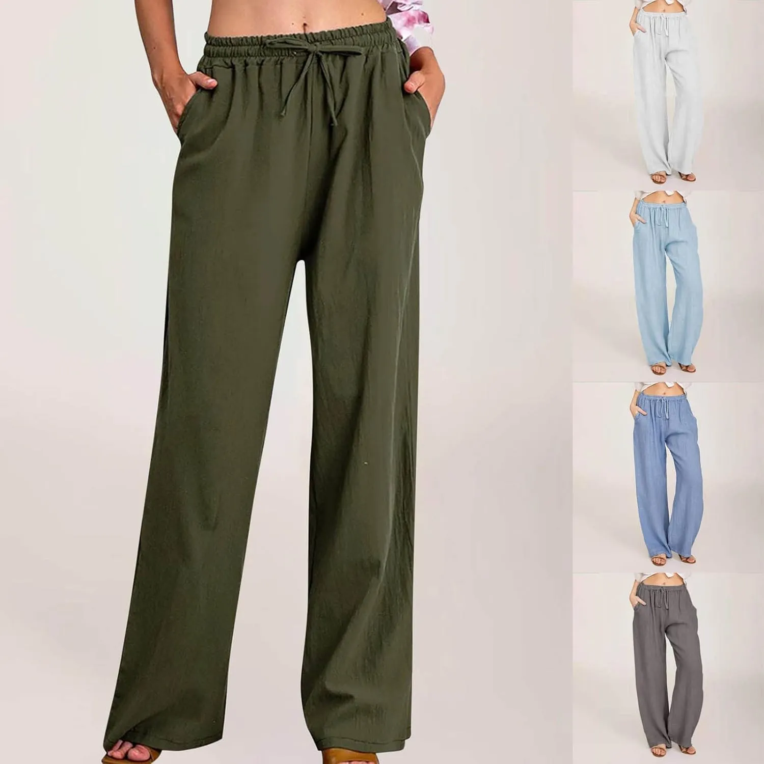 Women's Cotton Linen Palazzo Pants Wide Leg Beach Pants Summer Lightweight Pants Plus Size Lounge Pants with Pockets