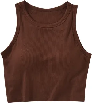 Women's Crop Tank Tops with Shelf Bras Casual Seamless Workout Yoga Bra Round Neck Padded Solid Athletic Tops