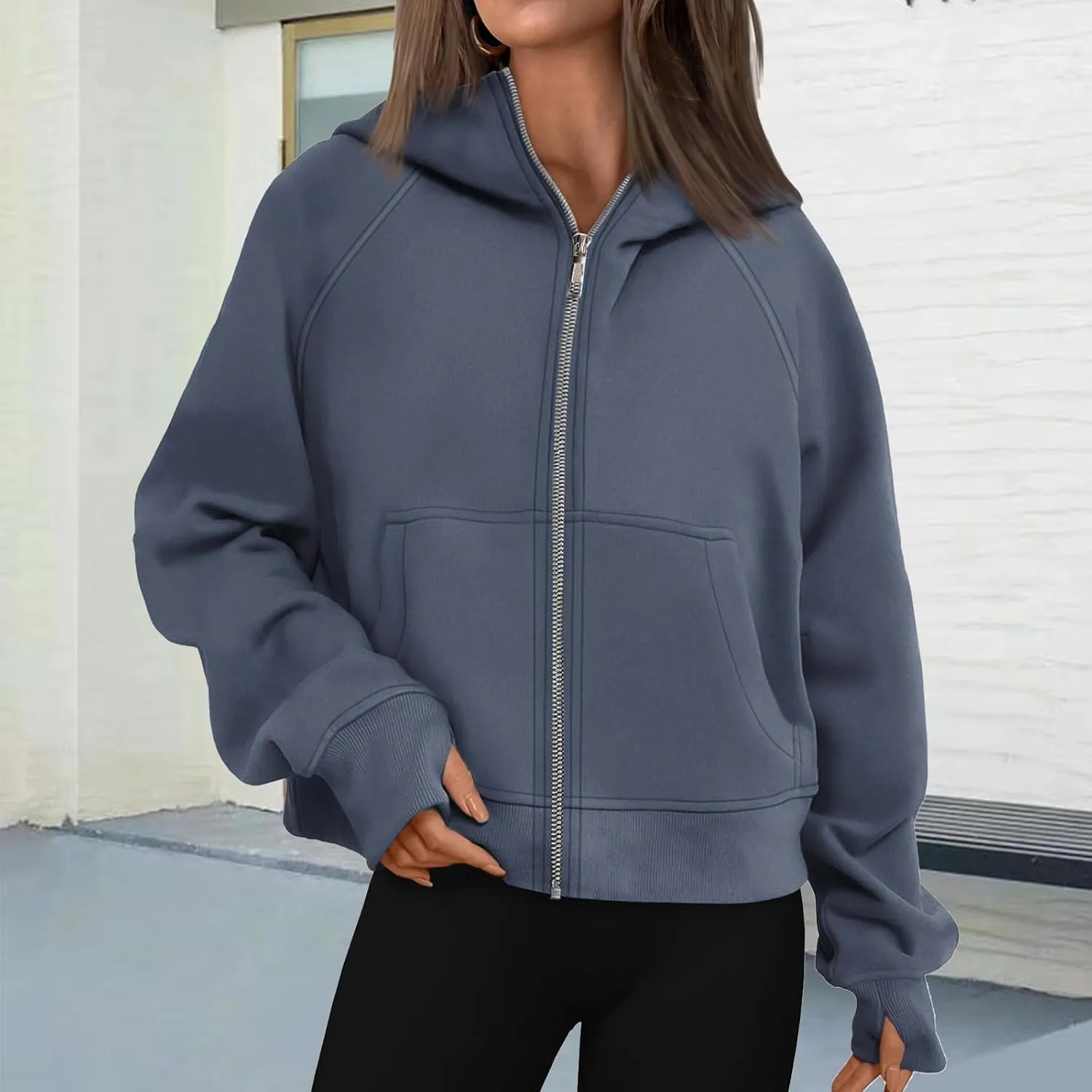 Womens Cropped Jacket Casual Zip Up Sweatshirts Long Sleeve Fleece Hoodies Loose Fit Pockets Hoodies with Thumb Hole