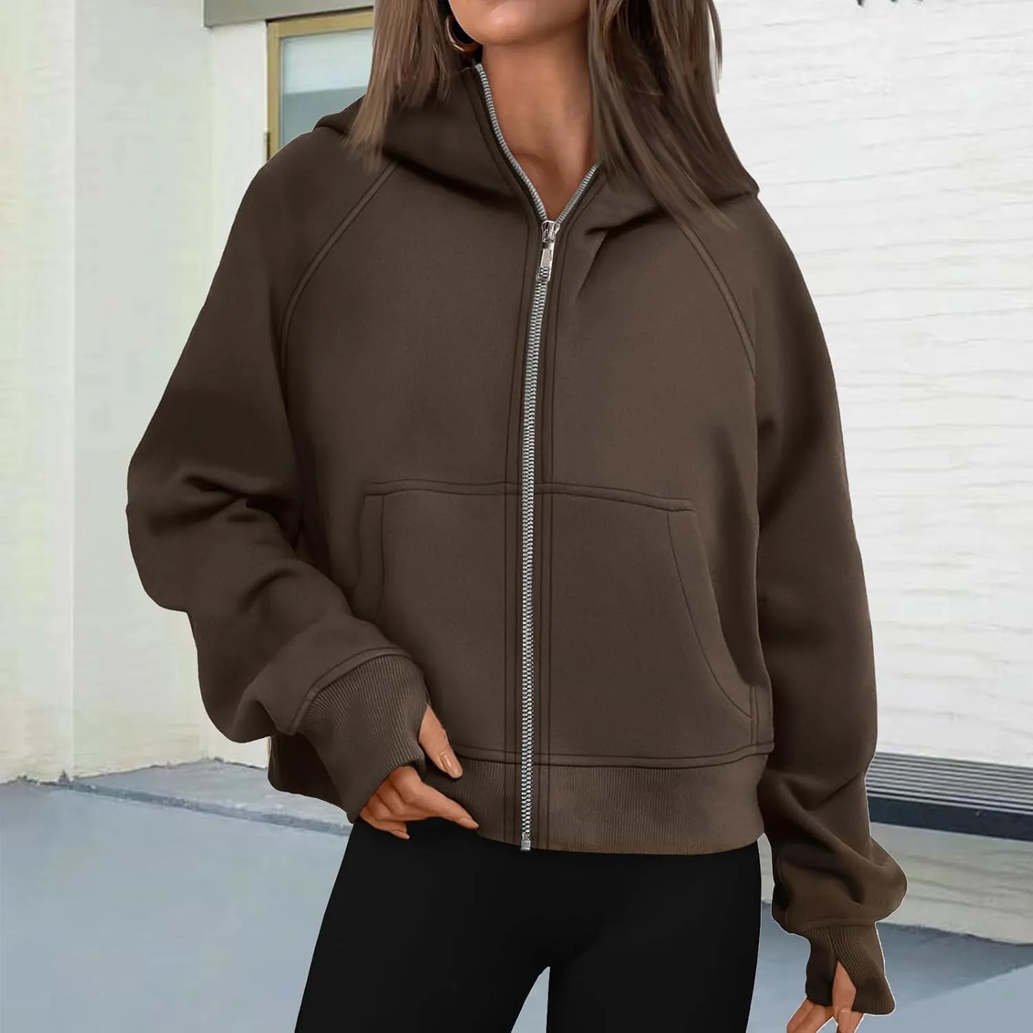 Womens Cropped Jacket Casual Zip Up Sweatshirts Long Sleeve Fleece Hoodies Loose Fit Pockets Hoodies with Thumb Hole