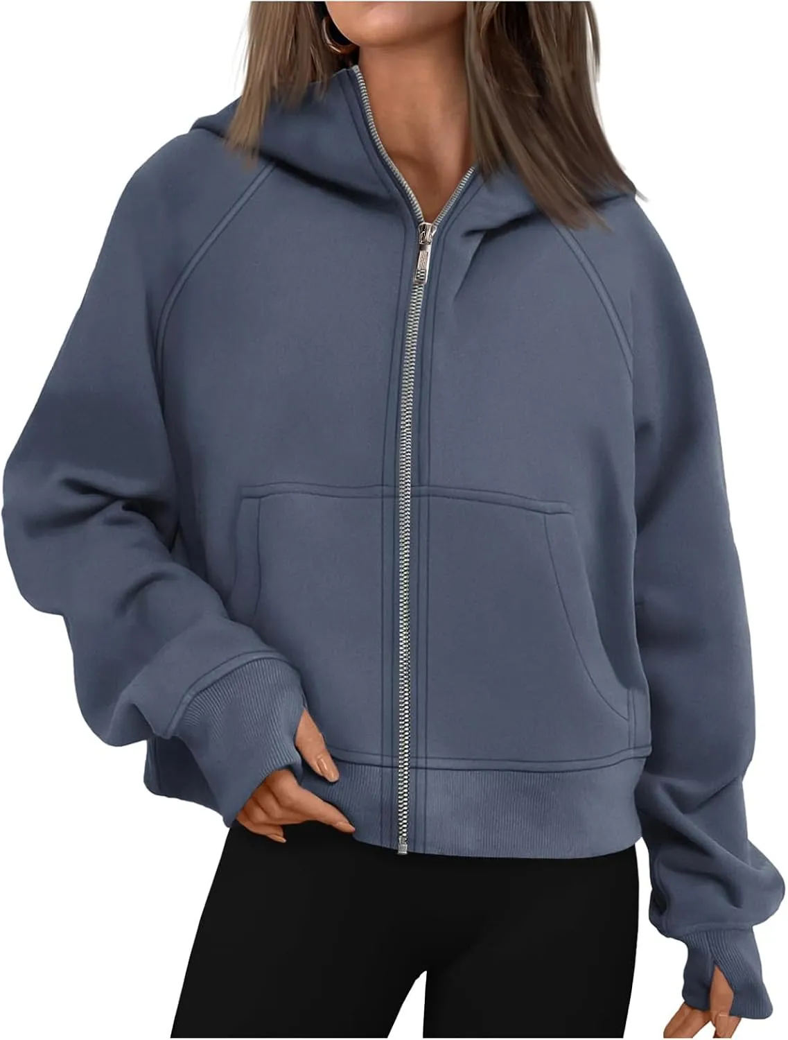 Womens Cropped Jacket Casual Zip Up Sweatshirts Long Sleeve Fleece Hoodies Loose Fit Pockets Hoodies with Thumb Hole