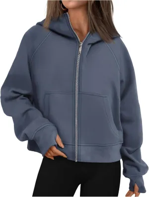 Womens Cropped Jacket Casual Zip Up Sweatshirts Long Sleeve Fleece Hoodies Loose Fit Pockets Hoodies with Thumb Hole
