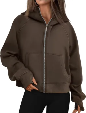 Womens Cropped Jacket Casual Zip Up Sweatshirts Long Sleeve Fleece Hoodies Loose Fit Pockets Hoodies with Thumb Hole