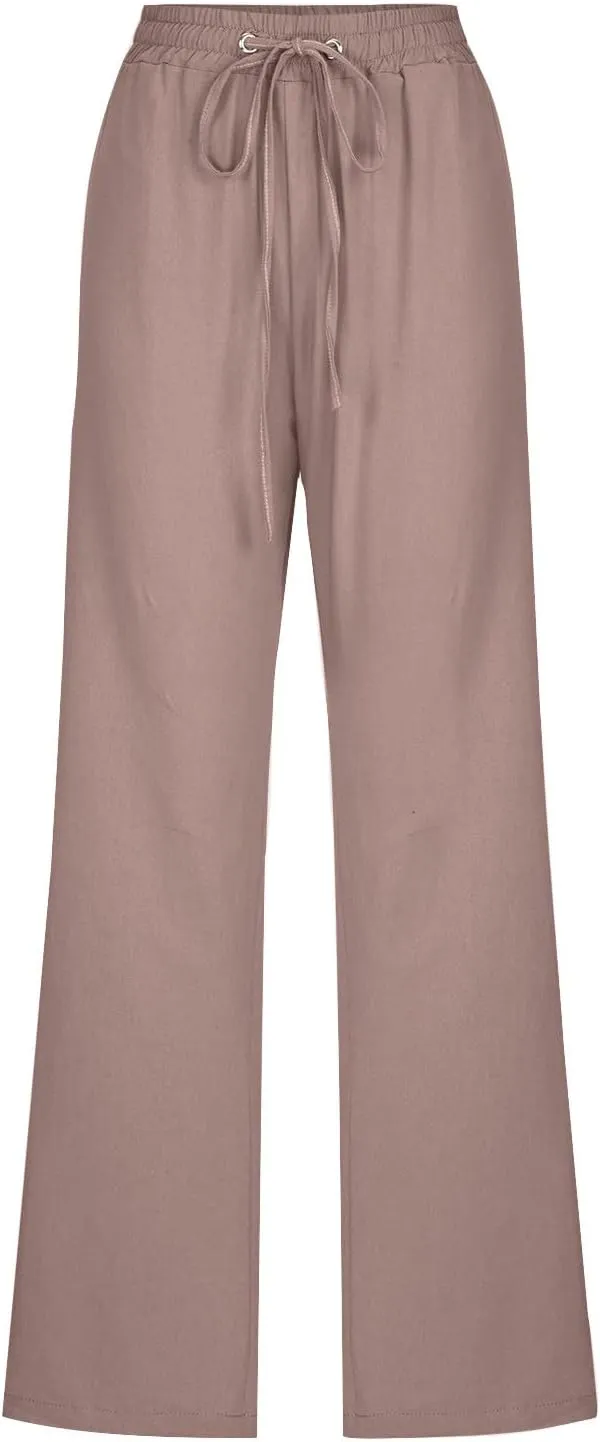 Womens Drawstring Linen Pants High Waisted Elastic Waist Pants Lightweight Straight Leg Lounge Pants Summer Pants