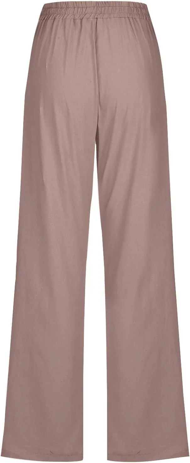Womens Drawstring Linen Pants High Waisted Elastic Waist Pants Lightweight Straight Leg Lounge Pants Summer Pants