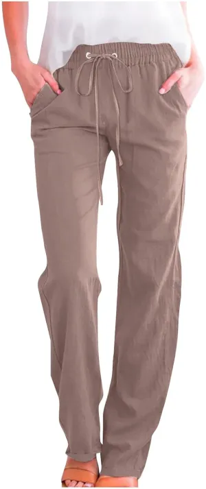 Womens Drawstring Linen Pants High Waisted Elastic Waist Pants Lightweight Straight Leg Lounge Pants Summer Pants