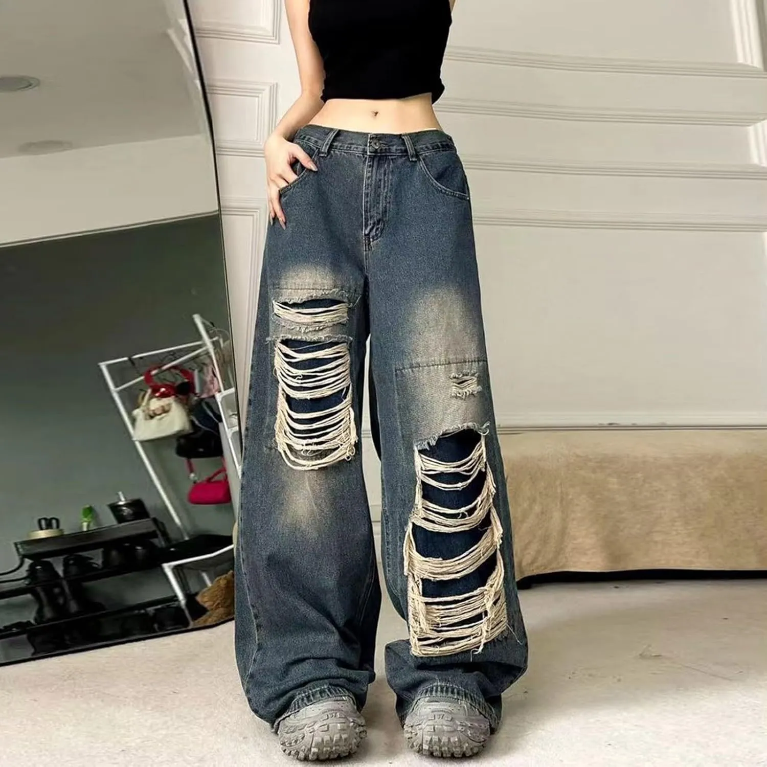Women's Flare Jeans Irregular Strap Jeans Loose Wide Leg Pants Jeans, S-4XL