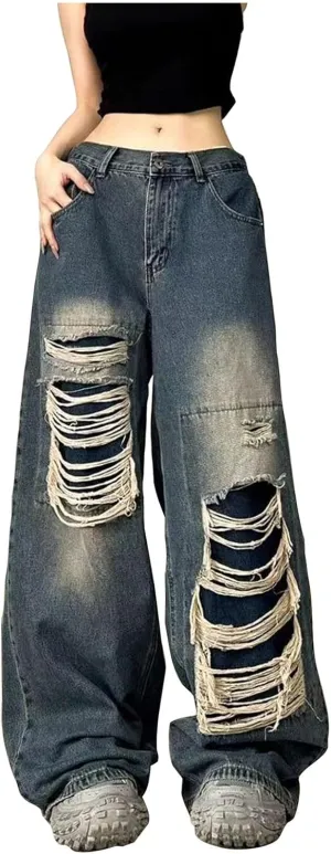 Women's Flare Jeans Irregular Strap Jeans Loose Wide Leg Pants Jeans, S-4XL