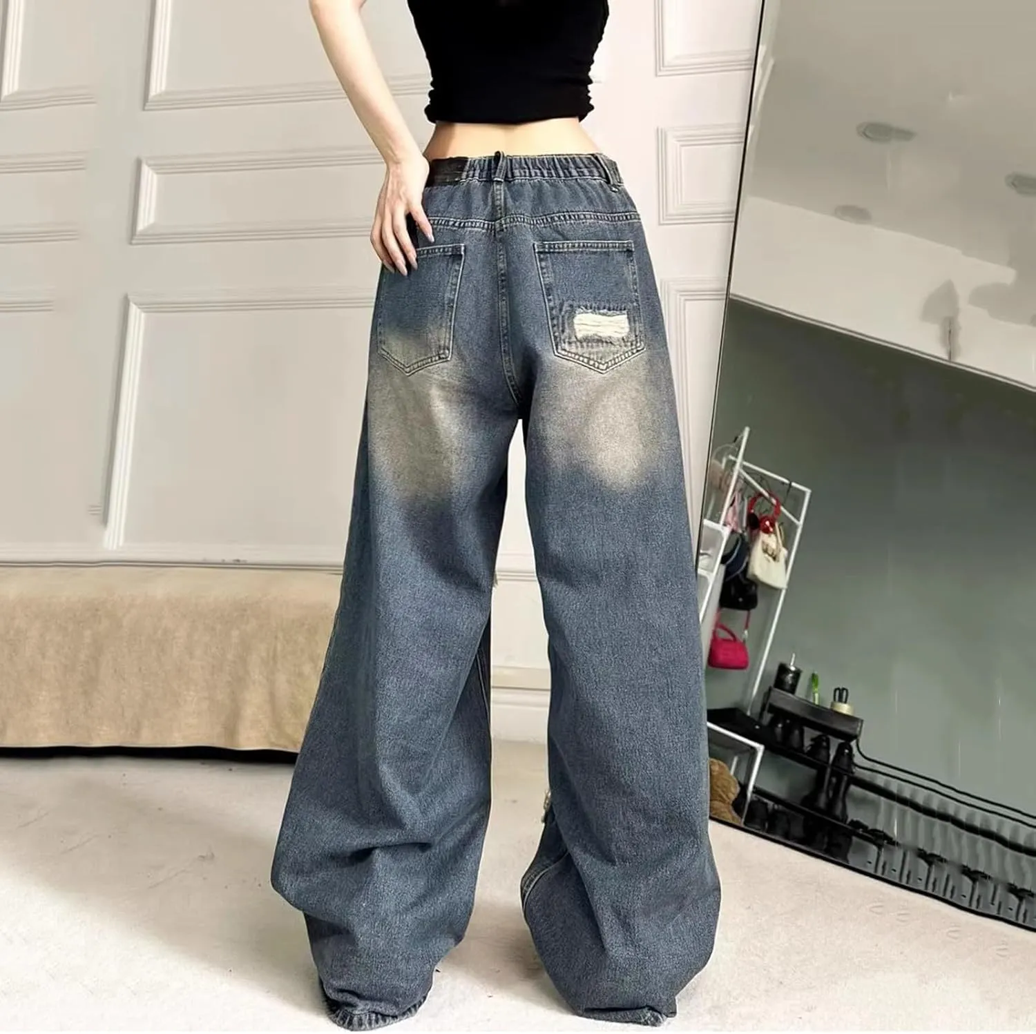 Women's Flare Jeans Irregular Strap Jeans Loose Wide Leg Pants Jeans, S-4XL