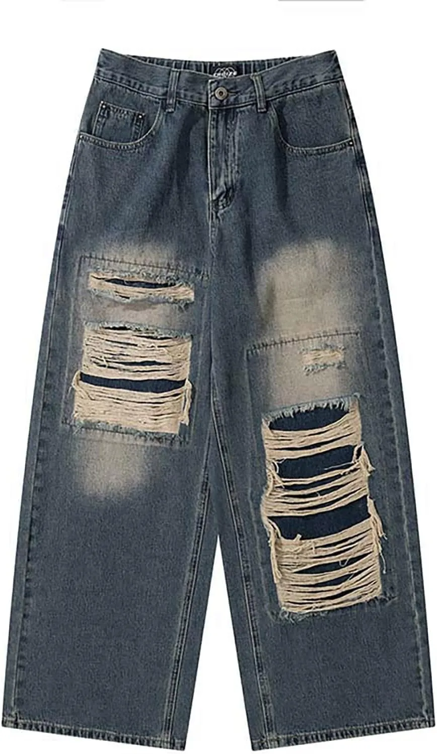 Women's Flare Jeans Irregular Strap Jeans Loose Wide Leg Pants Jeans, S-4XL