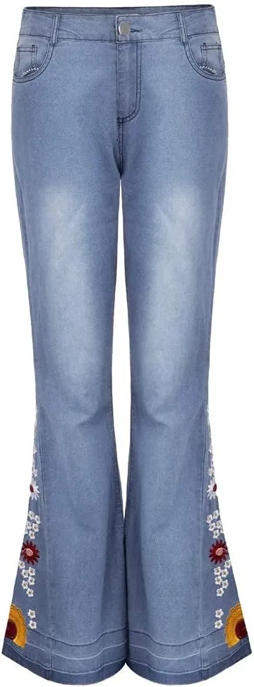 Womens Flared Jeans High Waisted Bell Bottom Jeans 70s Retro Jeans Lightweight Denim Pants Embroidered Bootcut Jeans