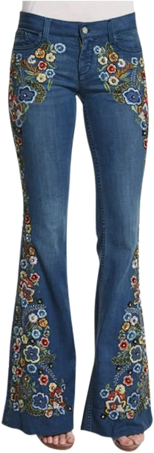 Womens Flared Jeans High Waisted Bell Bottom Jeans 70s Retro Jeans Lightweight Denim Pants Embroidered Bootcut Jeans