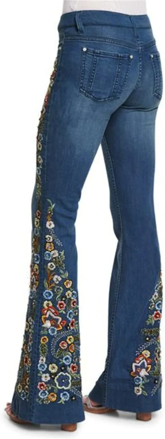Womens Flared Jeans High Waisted Bell Bottom Jeans 70s Retro Jeans Lightweight Denim Pants Embroidered Bootcut Jeans