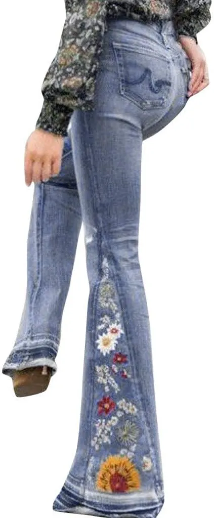 Womens Flared Jeans High Waisted Bell Bottom Jeans 70s Retro Jeans Lightweight Denim Pants Embroidered Bootcut Jeans