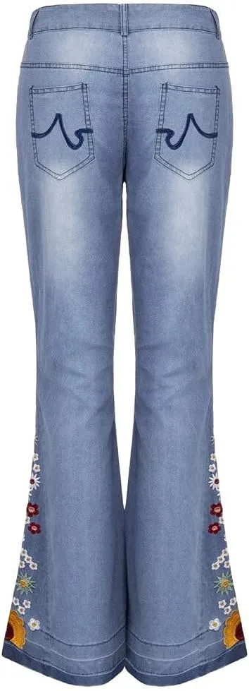 Womens Flared Jeans High Waisted Bell Bottom Jeans 70s Retro Jeans Lightweight Denim Pants Embroidered Bootcut Jeans
