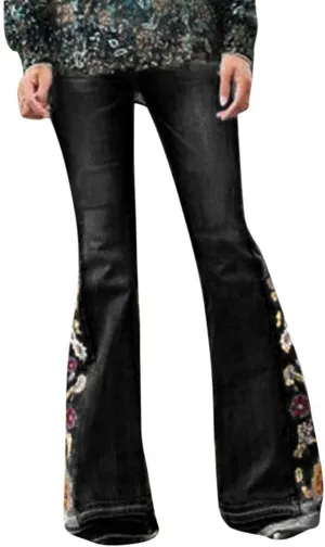 Womens Flared Jeans High Waisted Bell Bottom Jeans 70s Retro Jeans Lightweight Denim Pants Embroidered Bootcut Jeans
