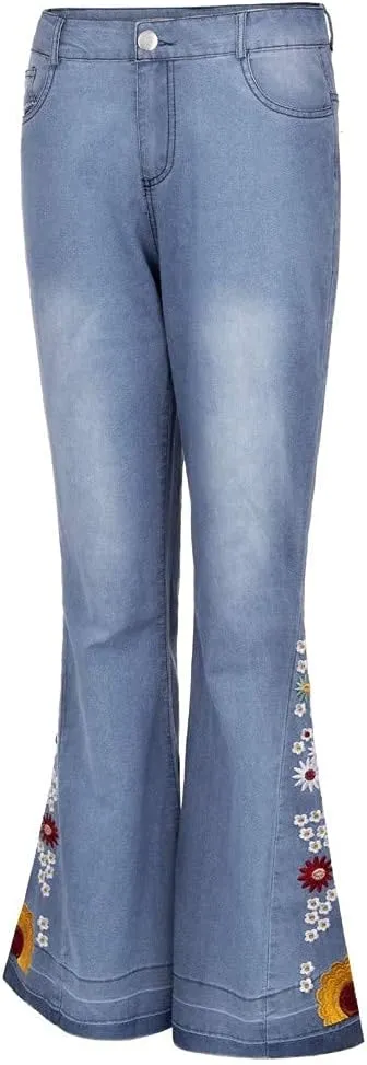 Womens Flared Jeans High Waisted Bell Bottom Jeans 70s Retro Jeans Lightweight Denim Pants Embroidered Bootcut Jeans