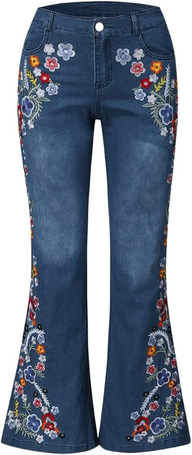 Womens Flared Jeans High Waisted Bell Bottom Jeans 70s Retro Jeans Lightweight Denim Pants Embroidered Bootcut Jeans