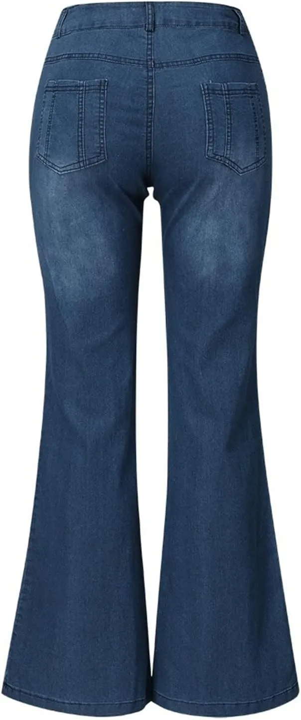 Womens Flared Jeans High Waisted Bell Bottom Jeans 70s Retro Jeans Lightweight Denim Pants Embroidered Bootcut Jeans