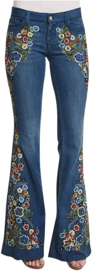 Womens Flared Jeans High Waisted Bell Bottom Jeans 70s Retro Jeans Lightweight Denim Pants Embroidered Bootcut Jeans