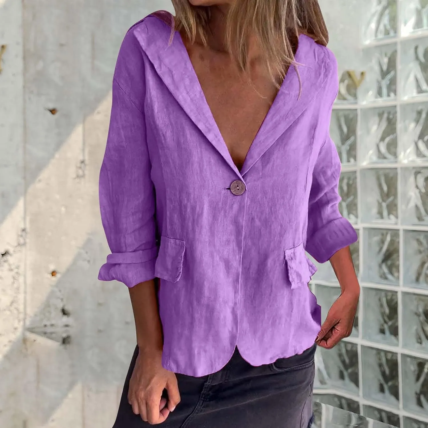 Womens Linen Cotton Blazer Office 3/4 Sleeve Cardigan Business Button Suit Jacket Casual Lightweight Work Suits Coat