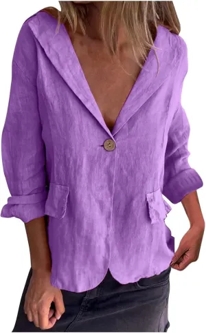 Womens Linen Cotton Blazer Office 3/4 Sleeve Cardigan Business Button Suit Jacket Casual Lightweight Work Suits Coat