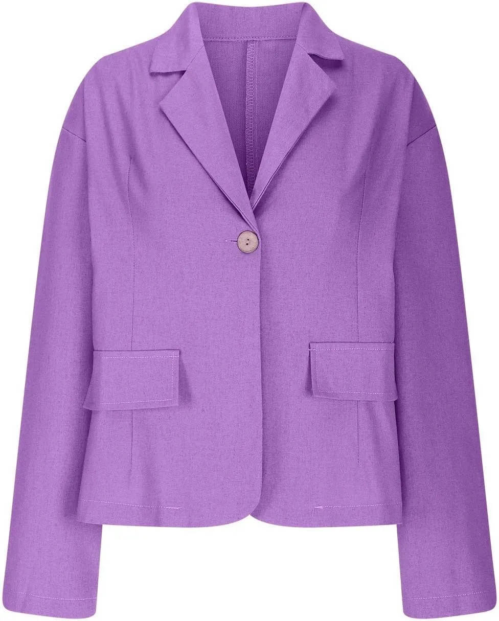 Womens Linen Cotton Blazer Office 3/4 Sleeve Cardigan Business Button Suit Jacket Casual Lightweight Work Suits Coat