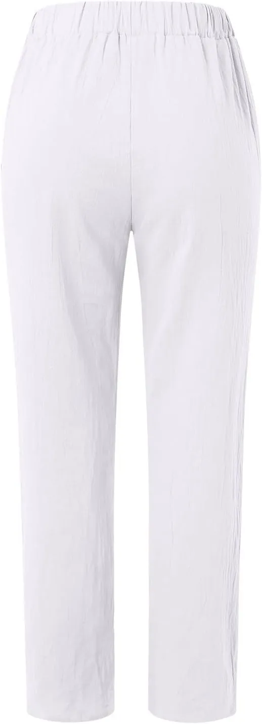 Women's Linen Pants High Waisted Harem Pants Loose Wide Leg Crop Pants Casual Summer Beach Pants with Pockets