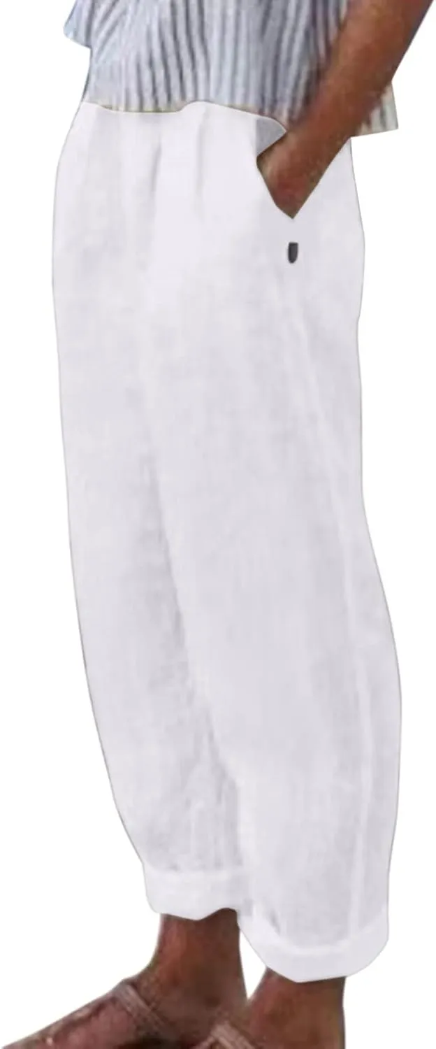 Women's Linen Pants High Waisted Harem Pants Loose Wide Leg Crop Pants Casual Summer Beach Pants with Pockets