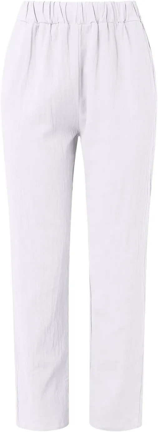 Women's Linen Pants High Waisted Harem Pants Loose Wide Leg Crop Pants Casual Summer Beach Pants with Pockets