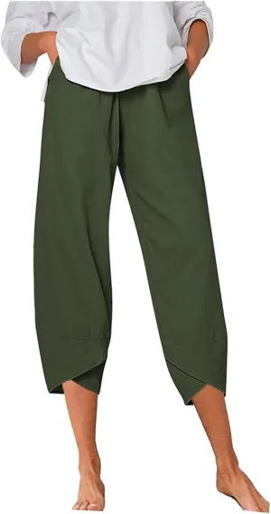 Women's Pants Casual Summer Elastic High Waist Linen Pants Straight Leg Wide Leg Cropped Pants Yoga Pants Plus
