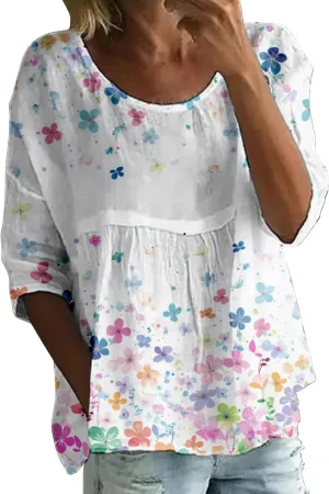 Womens Peasant Boho Tunic Tops 2025 3/4 Length Sleeve Casual Floral Print Loose Fit Summer Flowy Babydoll Blouses