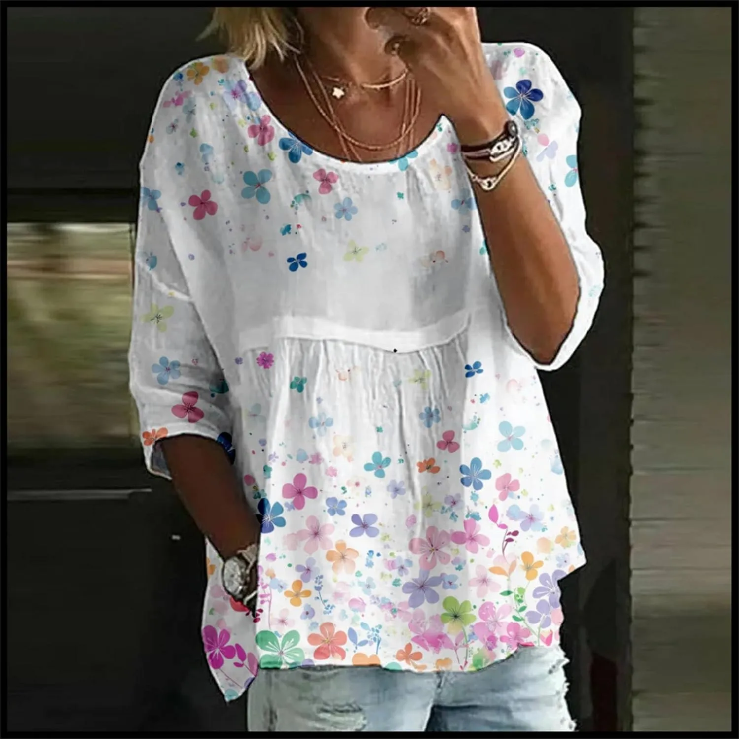 Womens Peasant Boho Tunic Tops 2025 3/4 Length Sleeve Casual Floral Print Loose Fit Summer Flowy Babydoll Blouses