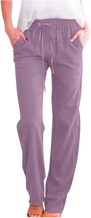 Women's Plus Size Summer Pants Straight Leg Linen Pants High Waisted Pants Loose Beach Pants Casual Vacation Trousers